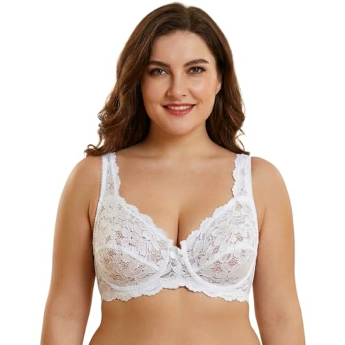 Image of reshmena® Underwired Womens Lace Bra, Women's Push Up Bra Full Coverage Soft Cups Floral Lace Women Non-Padded Bra with Adjustable Straps Womens Everyday Bralette 42DD White