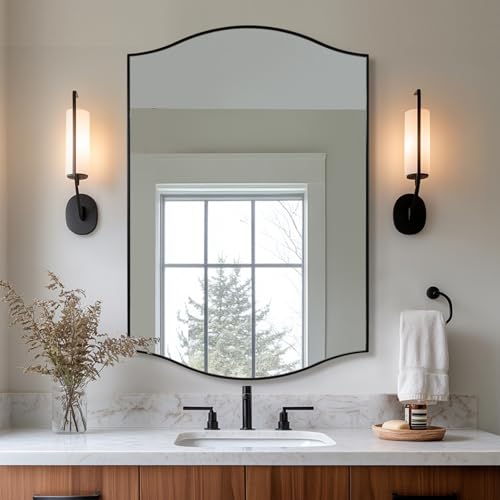 Image of ANDY STAR 26 inchx38 inch Scalloped Mirror for Bathroom,Matte Black Rectangle Wall Mirror with Curved Edge Stainless Steel Metal Frame, Wall-Mounted Mirror for Bathroom, Entryway, Living Room