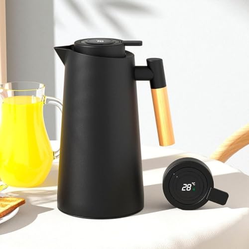 Garrafa Térmica Com Termômetro Digital Quente e Frio Café 1 Litro Cabo de Madeira Premium (Preto)