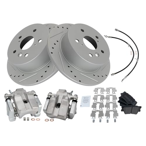 Image of TRQ Rear Brake Pad & Rotor Kit Slotted X Drilled Performance Semi-Metallic Compatible with 2007-2012 Lexus ES350 2008-2012 Toyota Avalon 2007-2011 Camry