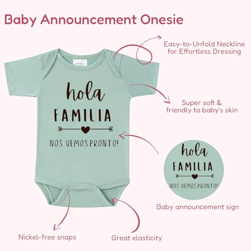 BIBIBLISSBABY Hola Familia Nos Vemos Pronto Pregnancy Reveal Infant Bodysuit, 0-3 Months Baby Announcement Onesie, Custom Onesie for Grandparents (Sage)