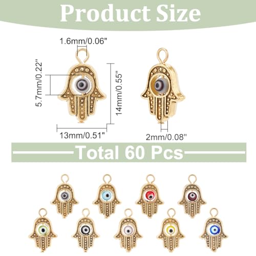 DICOSMETIC 60Pcs Hamsa Hand Pendants Alloy Evil Eye Beads Charms Golden Hand of Fatima Charms Antique Protection Jewelry Making Findings for DIY Necklace Bracelet Hole: 1.6mm - Image 2