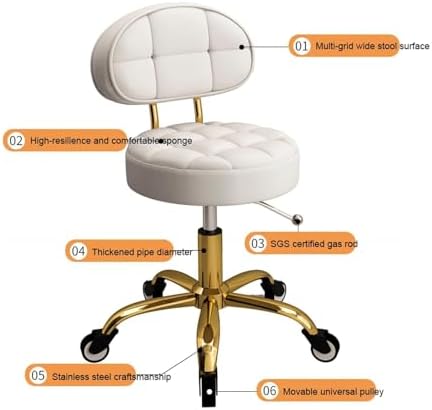 Adjustable Rolling Stool with Back Support & Wheels - Round Hydraulic Swivel Chair for Beauty Salon, Spa, Tattoo & Counter Work - Ergonomic Design for Ultimate Comfort
