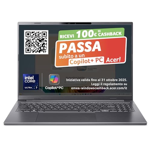 acer Aspire 16 AI Laptop | Display 16” WUXGA+ OLED | Processore...