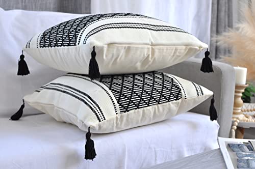 Decorative Boho Throw Pillow Covers With Tassels Black And White 20X20 Inch -Set Of 2/ Designer Square Cushion Covers For Sofa/Farmhouse Woven Pillow Cases/Accent Cushion Covers #TOP4