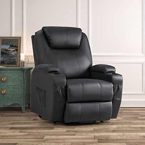 Jummico Power Lift Recliner Chair With Heat And Massage For Elderly Pu Leather Modern Reclining Sofa Chair With Cup Holders, Remote Control, Adjustable Furniture (Leather, Black) #TOP6