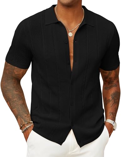 COOFANDY Mens Casual Knit Polo Shirt Vacation Short Sleeve Button Down Shirts Textured Summer Beach T-Shirts Old Money Clothes Black