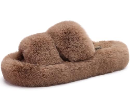 COFACE Women's Fuzzy Slippers Memory Foam Open Toe Slip-On House Shoes Size 5-11