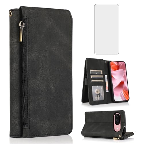 Étui portefeuille pour Google Pixel 9 et 9 Pro 6.3" en cuir noir avec protège-écran