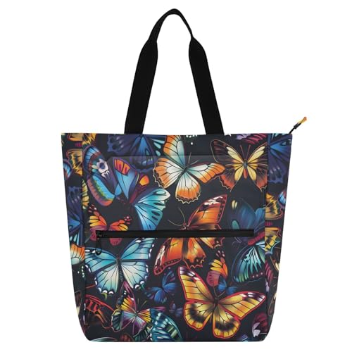 Colorful Butterflies Tote Bag for Book Lovers Reusable Bags with Zipper Pocket for School Work Shopping