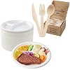 ECOLipak Compostable 150 Pack 3-Compartment Disposable Paper Plates and 300 Count Disposable Wooden Cutlery Set 100 Spoons 100 Forks 100 Knives