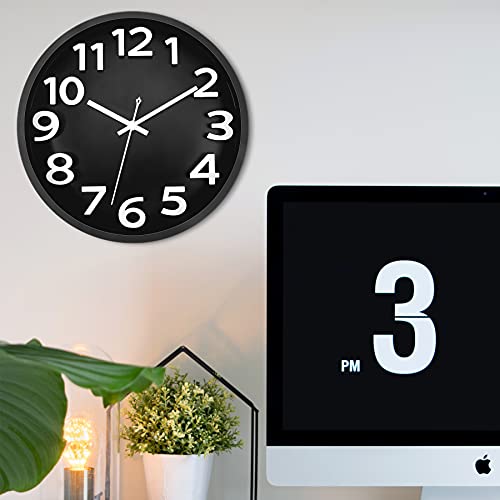 Lumuasky Black Wall Clock, Battery Operated 12 Inch Silent Non-Ticking Analog Large 3D Numbers Modern Decorative Clock for Living Room Bedroom Kitchen Home Office School