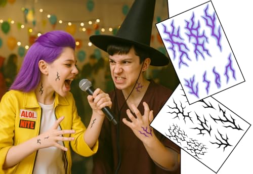 K-Pop Style Tribal Temporary Tattoos – Are You Guardian or Demon? 2 A5 Sheets of Black & Purple Fantasy Markings for Cosplay, Festivals & Halloween