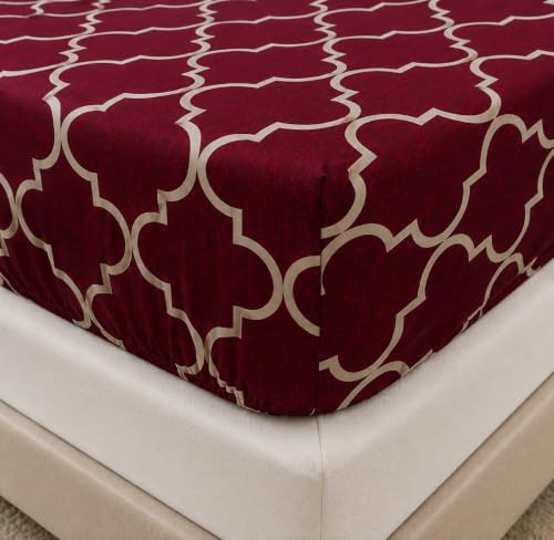 Image of Elastic Fitted King Size Bedsheet Cotton for Double Bed | 72 inchx78 inch +10 Inch, Floral, Soft & Breathable, Fade & Shrink Resistant, 2 Pillow Covers (Dark Maroon)