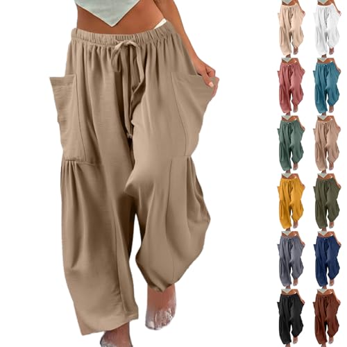 Linen Pants Women Casual Drawstring Cropped Barrel Palazzo Harem Pants with Pockets Flowy Boho Beach Lounge Pant