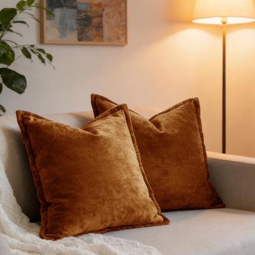 COCOPLOCEUS Luxurious Velvet Throw Pillow Covers 20x20 Set of 2 Decorative Pillow Covers Solid Square Cushion Case for Sofa Couch Bedroom Farmhouse, Caramel