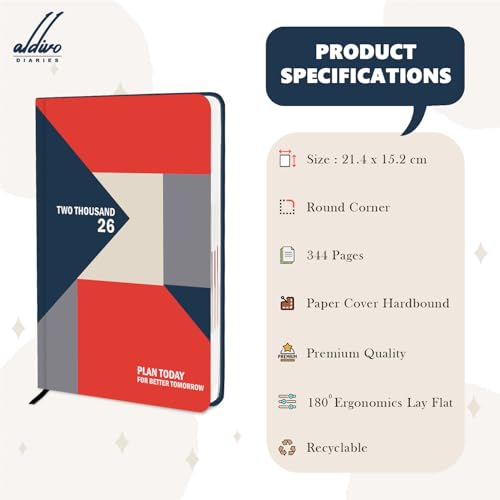 Image of ALDIVO Paper Cover Hard Bound New Year Diary 2026 | A5 Size 365 Days 2026 Daily Planner Diary with Dates, Calendar, Month Cut Index and Bookmark For Office, Personal and Corporate Use (AD612)