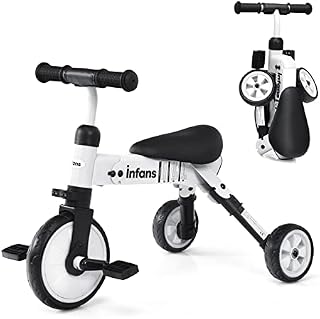 COSTWAY Kids Trike for 1-4 Years Old Boys Girls, Folding Baby Balance Bike Walker Toddlers Tricycle with Detachable Pedals, PU Seat & 3 EVA Wheels (White)