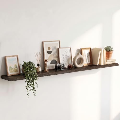 Image of Live Edge Elm Floating Shelves - 72 In Rustic Solid Wood Shelves with Heavy-Duty Invisible Bracket, Wall-Mounted Wooden Shelf for Living Room, Bathroom, Kitchen Storage & Display, Set of 1, Walnut