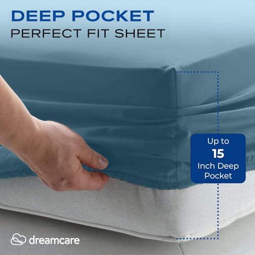 Image of DREAMCARE Full Size Sheets - Cooling Sheets - 4pcs Set - up to 15 inch Deep Pocket Full Sheet Set - Sheets Full Size Bed - Soft & Long Lasting 100% Fine Brushed Polyester with Side Pocket - Mineral Blue