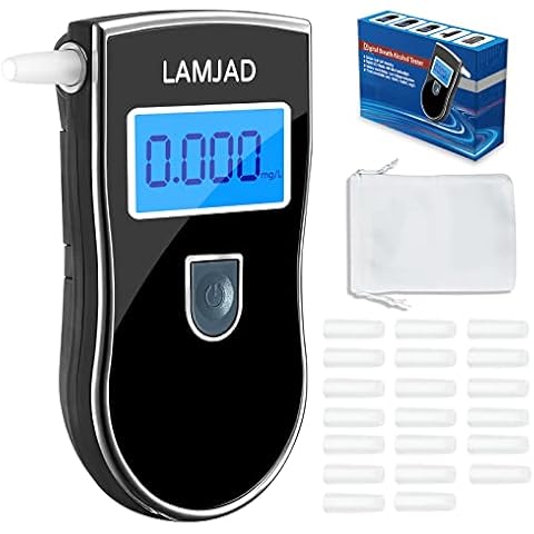 LAMJAD Alcohol Tester, Alcohol Meter with 20 Mouthpieces and Blue Backlight LCD Screen, Promilletester for Personal and Professional Use Cover