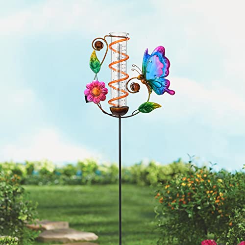 Bayn 36.3” Rain Gauge Outdoor Solar Powered 10 Leds 7” Tube Garden Butterfly Metal Decorative Stake With Waterproof Large Glass Tube Rain Guage For Yard, Garden, Patio, Lawn #TOP4