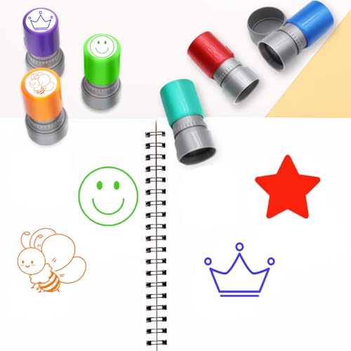 4 Stück Selbstfärbende Lehrer Stempel, Lob Ermutigung Kinder, Lehrer Bewertung Belohnung Motivation Briefmarken, Bunte Cartoon Stempel Lob Siegel Ermutigung, Belohnungsstempel Set