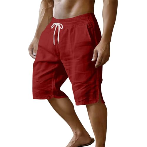 Cambkatl Men's Knee Length Summer Linen Shorts, Stylish Split Side Loose Elastic Waist Lounge Beach Shorts with Pockets
