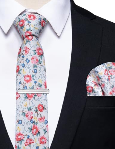 Image of YourTies Cotton Floral Tie for Men 2.5 inch Printed Skinny Necktie Pocket Square Tie Clip Set Flower Wedding Party Groom