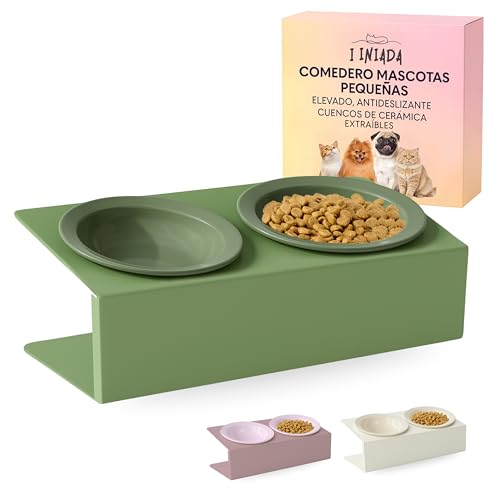I INIADA Comedero Gato con Cuencos de Cerámica - Comedero Perro Elevado Antideslizante - Cuenco Doble Inclinado 15º para Todo Tipo de Gatos y Perros pequeños.