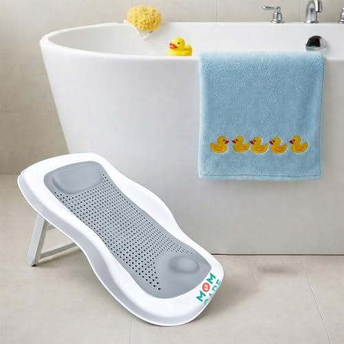 Image of MOM CARE Foldable Baby Bath Support Seat for Newborn (0-6 Months) | Anti-Slip Silicone Baby Bather | Ergonomic Infant Bath Seat for Sink, Tub & Floor | Portable Newborn Bath Support Chair | Grey