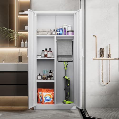 SUPEER Besenschrank mit Belüftung & Magnetverschluss,Mehrzweckschrank,Stabiler Stahlschrank für Staubsauger, Putzmittel, Wäsche und Haushaltszubehör|70x30x165 cm|Weiß