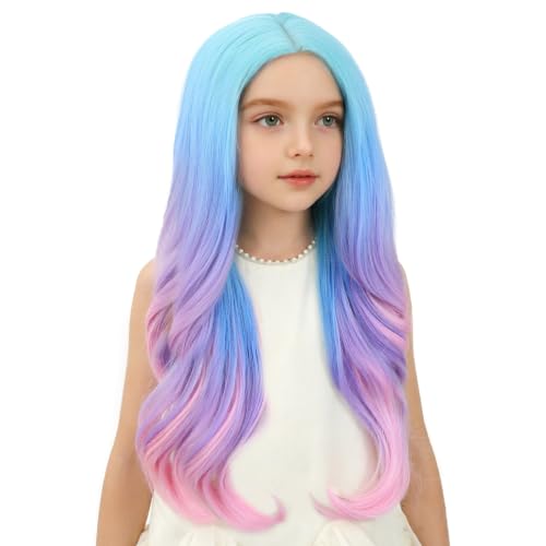 Image of Rainbow Wig for Kids Girls Long Colorful Wavy Curly Wig Children Multi Color Middle Part Wigs Heat Resistant Synthetic Wigs with Cap