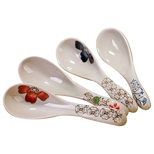JUNGEN Ensemble de 4 Cuillère à Soupe en Porcelaine Peinte Chinoise Cuillère Céramique de Long Manche Cover
