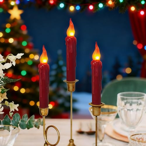 Image of Real Wax LED Flameless Christmas Short Taper Candles with Remote, 6.7 Inches Red Candlesticks, Dripless Battery Operated Flame Rustic Primitive Flameless Lights Holiday Decor, Pack of 2