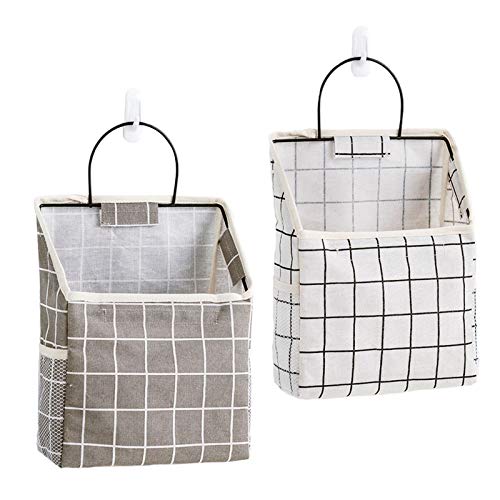 2Pack Wall Hanging Storage Bag - Gray And White, Over The Door Closet Organizer Hanging Pocket Linen Cotton Organizer Box Containers For Bedroom, Bathroom Dormitory Storage (Grid) #TOP15