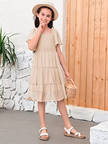 Kingdenergy Girls Summer Chiffon Casual Dress Square Neck Ruffle Short Sleeve Frilly Smocked Elastic Ruffle Hem Tulle Dresses Beige #TOP2