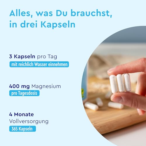 Magnesiumcitrat 365 Kapseln - Elementares Magnesium Hochdosiert - Gut verträgliches & hoch bioverfügbares Tri-Magnesium Dicitrat - Vegan, laborgeprüft & ohne Zusätze