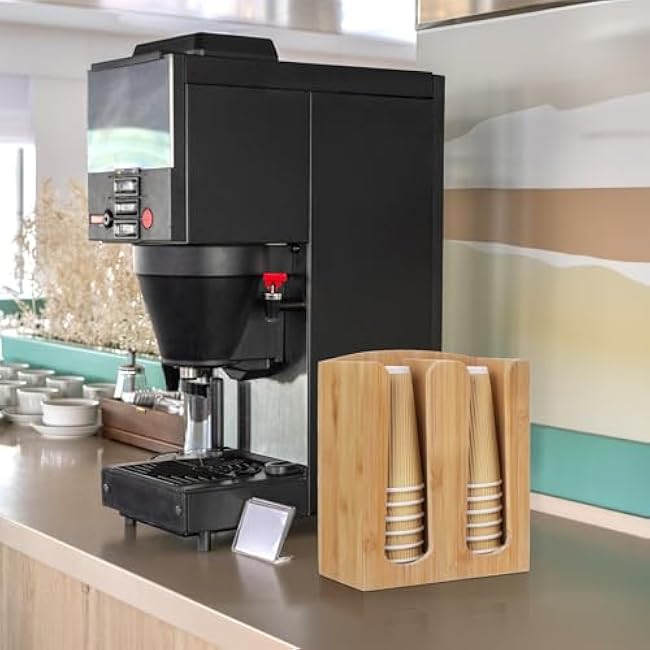 Suwimut 2 Pack Bamboo Coffee Cup and Lid Storage Organizer Holder, 2 Compartments Disposable Paper Cup Dispenser, Cups and Lids Organizer for Kitchen Countertop Coffee Bar