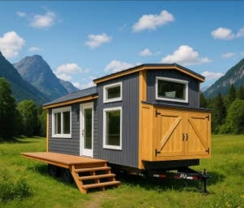 Modern Tiny House on Wheels, Gray and Wood Design, Mountain