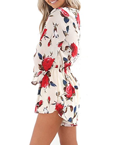 Relipop Women's Fashion Floral Print Long Sleeves Short Romper Playsuit Jumpsuit (X-Large, Red)