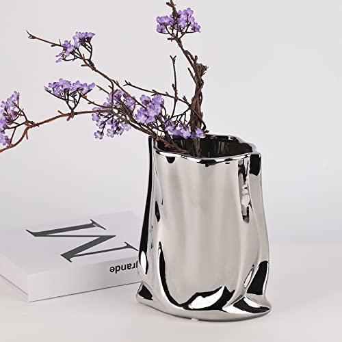 Silver Ceramic Vase, 9.05 Inch Tall Silver Flower Vase Wide Mouth Ceramic Vase, Creative Handmade Pleated Cloth Bag Flowers Vase For Home Decor, Office, Mantel, Porch, Wedding Centerpiece (Silver-L) #TOP1