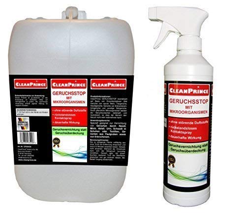 2,5 Liter GERUCHSSTOP MIT MIKROORGANISMEN von CleanPrince. Sie erhalten 2 Liter im Nachfüllkanister und 500 ml in der Sprühflasche. Speziell geeignet zur Vernichtung von Gerüchen durch Heizöl, Milch, Abfall, Urin, Schweiß in Schuhen oder Textilien, Gerüchen aus Faulgruben sowie von Erbrochenem. CleanPrince GERUCHSSTOP neutralisiert auf Basis von Enzymkomplexen üble Gerüche von saurer Milch, Tiergerüche, Heizölgerüche, Gerüche von Erbrochenem, Uringerüche und sonstige Störgerüche.