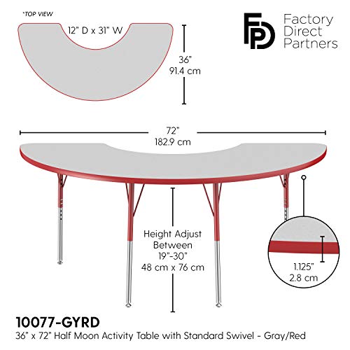 Image of FDP Half Moon Activity School and Office Table (36 x 72 inch), Standard Legs with Swivel Glides for Collaborative Seating Environments, Adjustable Height 19-30 inches - Gray Top and Red Edge