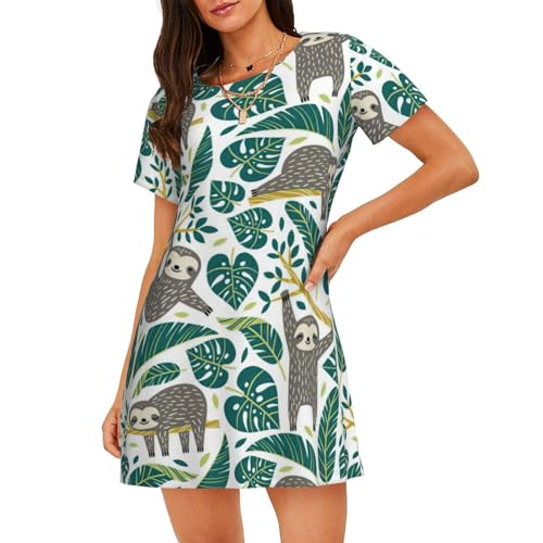 Robe de nuit paresseux pour femme en coton léger à manches courtes