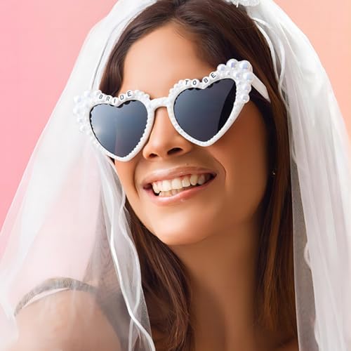 Bachelorette Party Bride Sunglasses, Heart Shaped Pearl Glasses for Women Kids Bridesmaid Bride to Be Party Gift Supplies3