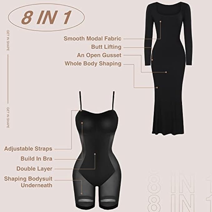 Popilush Shaper Dress Bodycon Maxi/Mini Built in Shapewear Bra 8 in 1