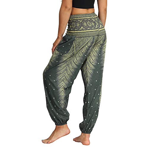 Foto von Nuofengkudu Damen Hippie Hosen mit Taschen Haremshosen Leichte Boho Muster Bunt High Waist Yogahosen Sommer Lockere Umstandshose Freizeithose (Grün C,One Size)