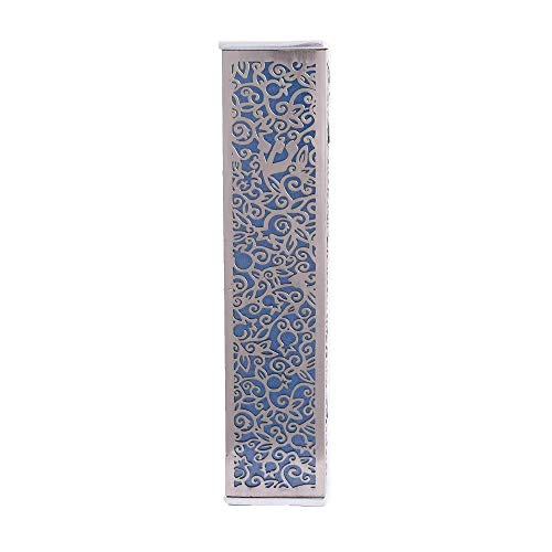 Yair Emanuel Capa Mezuzá larga para porta | Design de filigrana de romãs com corte Lazer (Azul MJ-2C