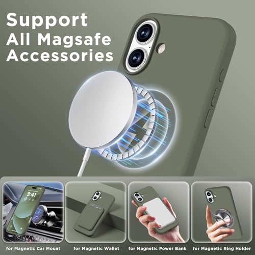 Image of Magnetic for iPhone 16 Case, Compatible with Magsafe, Suction Cup Phone Mount, [2 Screen Protectors][Camera Lens Protector] Silicone Shockproof Protective Slim Phone Cover 6.1 inch, Olive Green